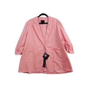 Mina Self Blazer Jacket Wmns XXL Pink Solid Cotton Linen Ruched 3/4 Sleeve Lined